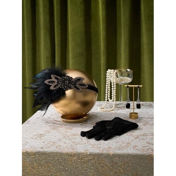1920s Gatsby Accessories Set Flapper Headband Earrings Pearl Necklace Gloves Wom main image 4